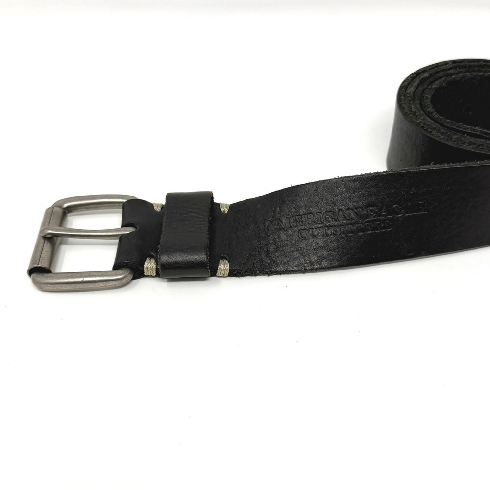 American Eagle Belt Mens 37 Black Leather Buckle VTG Rugged Eagle‎ Logo Y2K